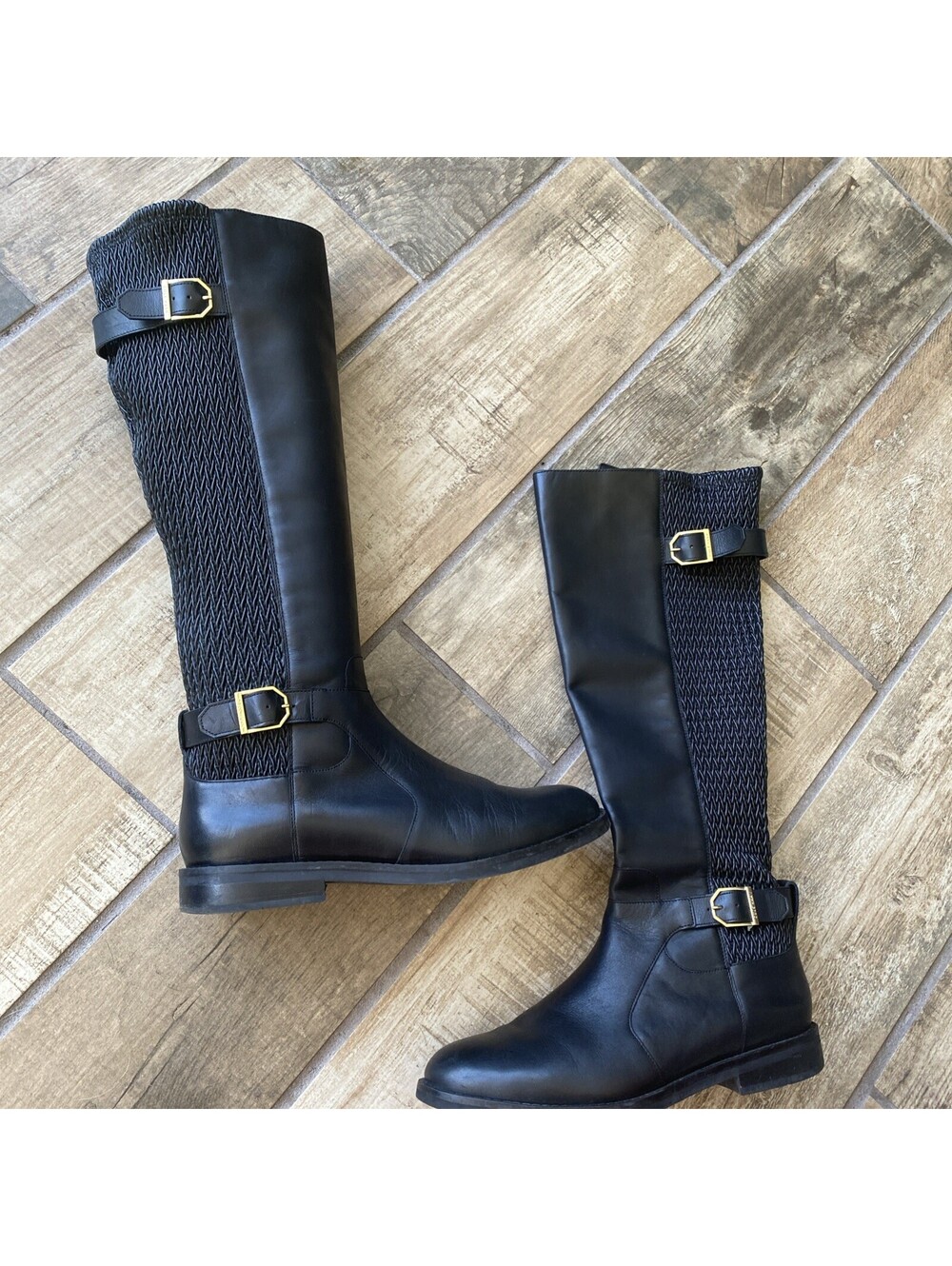 Cole Haan Chesley Boots Knee High Black Leather Riding Stretchy Sz. 8B